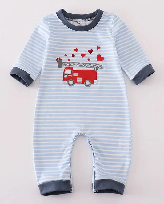 Valentine Fire Truck Applique Boy Romper