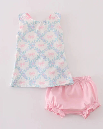 Coquette Pink Bow Print Girl Bloomers Set