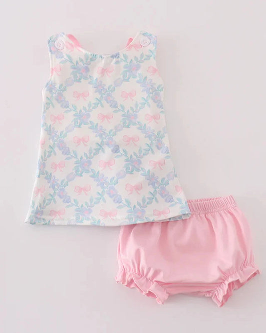 Coquette Pink Bow Print Girl Bloomers Set