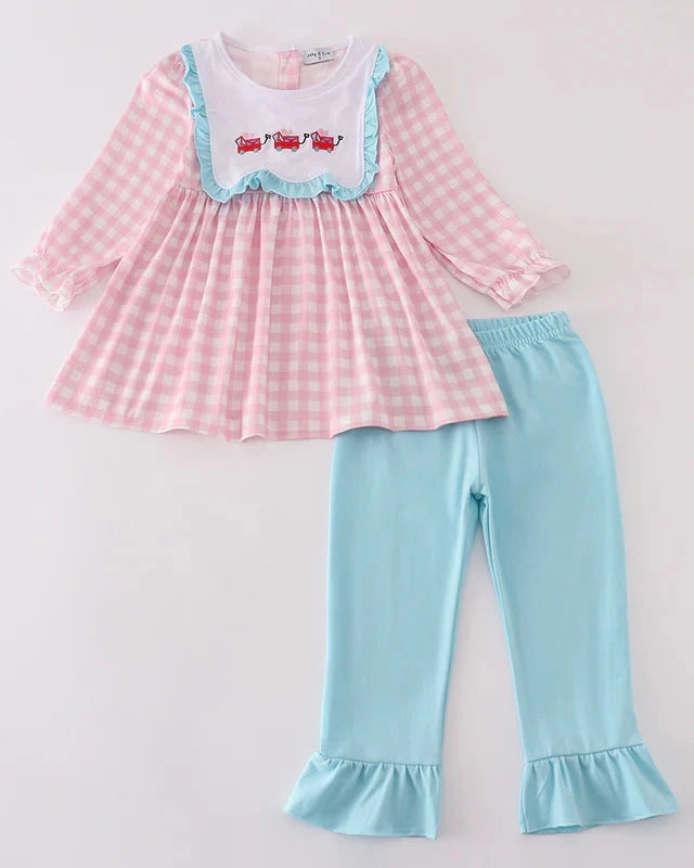 Cupid’s Cargo Embroidered Pink Plaid Girl Pants Set