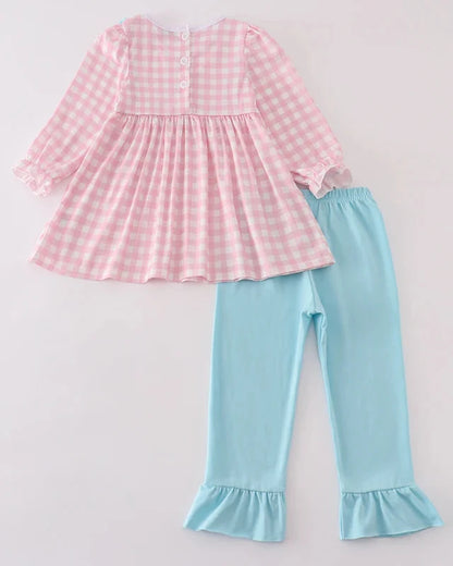 Cupid’s Cargo Embroidered Pink Plaid Girl Pants Set