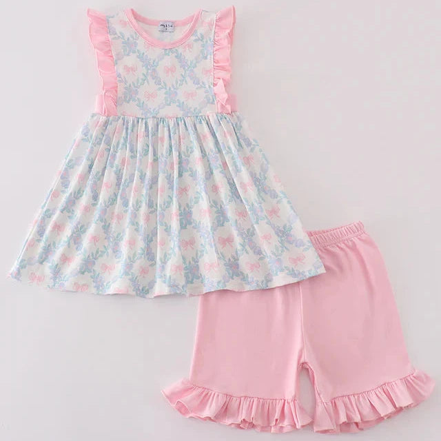 Coquette Pink Bow Print Girl Shorts Set