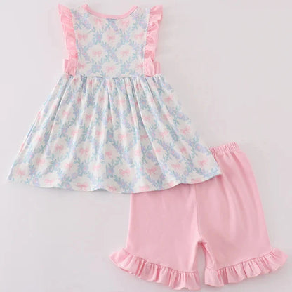 Coquette Pink Bow Print Girl Shorts Set