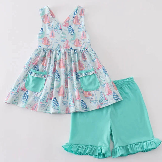 Ocean Breeze Sailboat Ruffle Girl Shorts Set