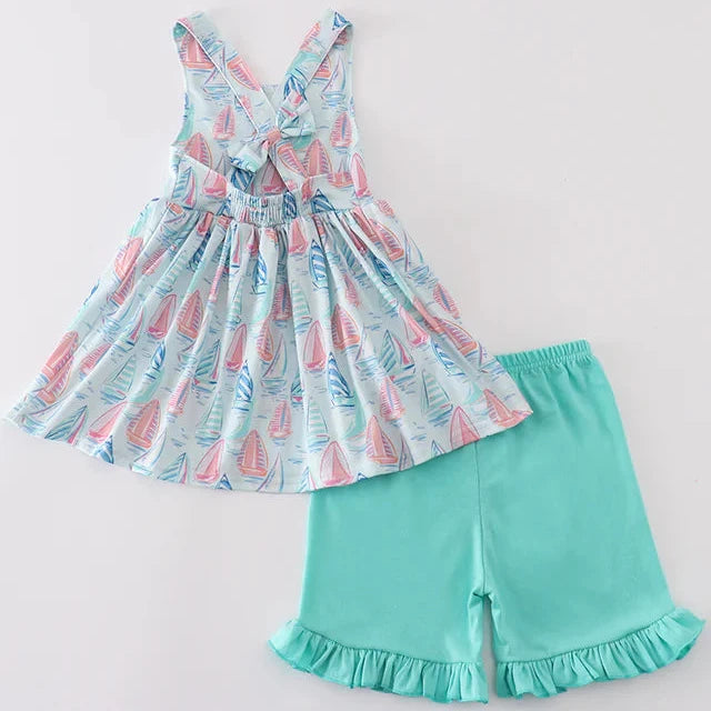 Ocean Breeze Sailboat Ruffle Girl Shorts Set