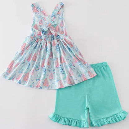 Ocean Breeze Sailboat Ruffle Girl Shorts Set