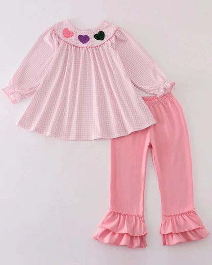 French Knot Heart Pink Gingham Girl Pants Set