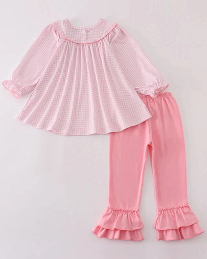 French Knot Heart Pink Gingham Girl Pants Set