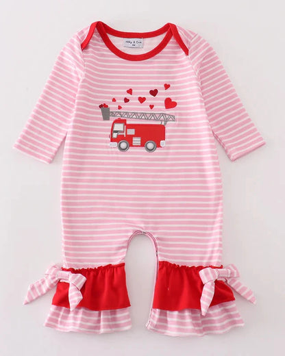 Valentine Fire Truck Applique Pink Stripe Girl Romper