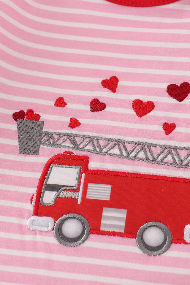 Valentine Fire Truck Applique Pink Stripe Girl Romper