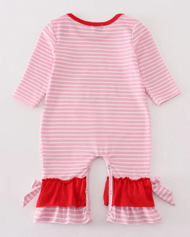 Valentine Fire Truck Applique Pink Stripe Girl Romper