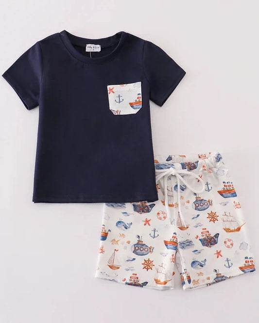 Navy Beach Print Boy Shorts Set