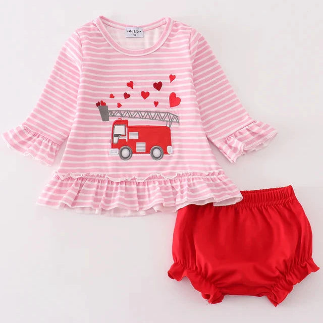 Valentine Fire Truck Applique Girl Bloomers Set