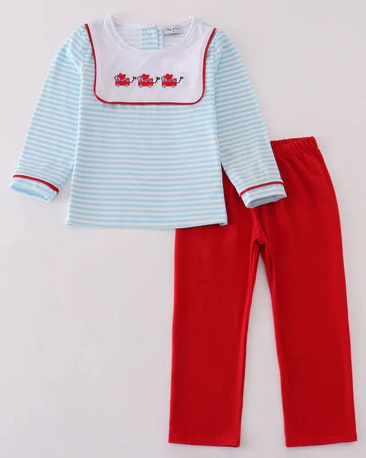 Cupid’s Cargo Embroidered Blue Stripe Boy Pants Set