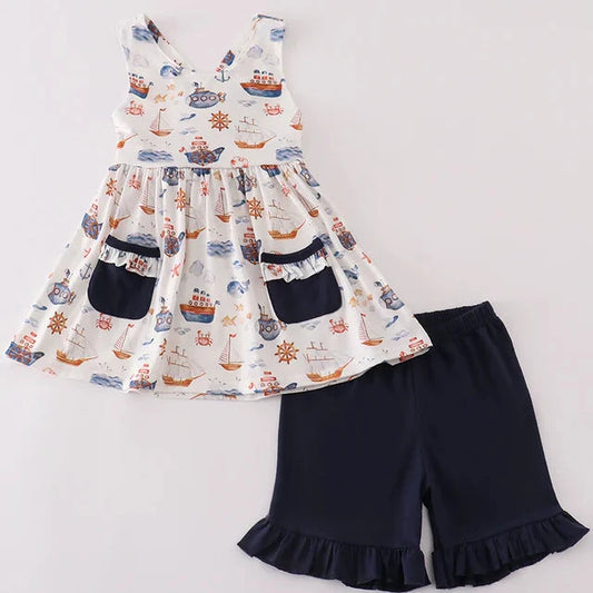 Navy Beach Print Girl Shorts Set