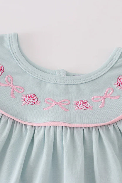 Roses + Bows Embroidered Blue Girl Shorts Set