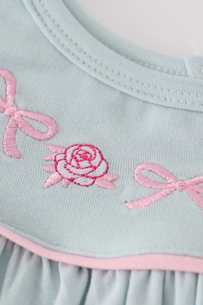 Roses + Bows Embroidered Blue Girl Shorts Set