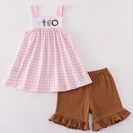 Easter Cross Sheep Embroidered Pink Girl Shorts Set