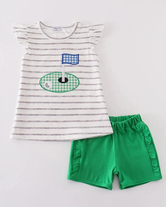 Green Golf Applique Girl Shorts Set