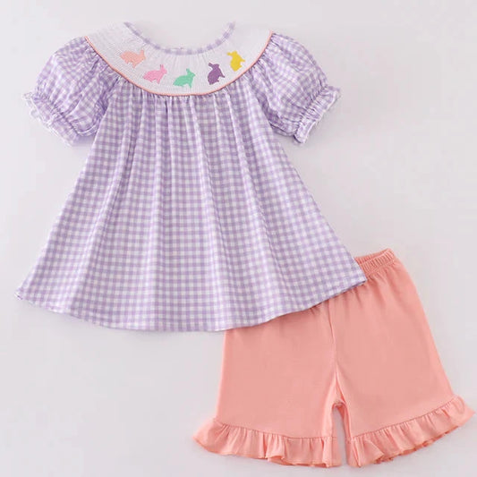 Bunny Smocked Purple Gingham Girl Shorts Set