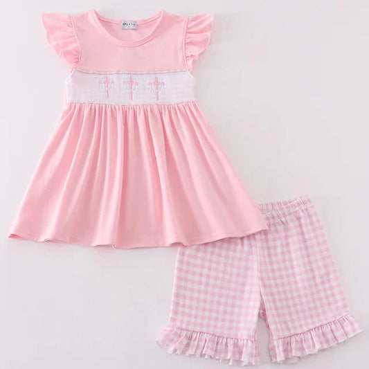 Cross Smocked Pink Girl Shorts Set