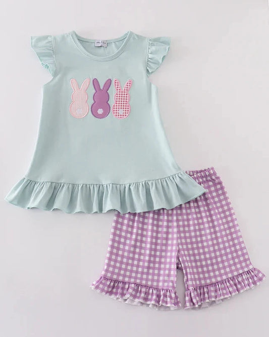 Blue Easter Bunnies Applique Girl Shorts Set