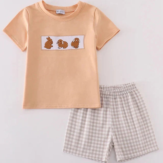 Tan Bunny Embroidered Boy Shorts Set