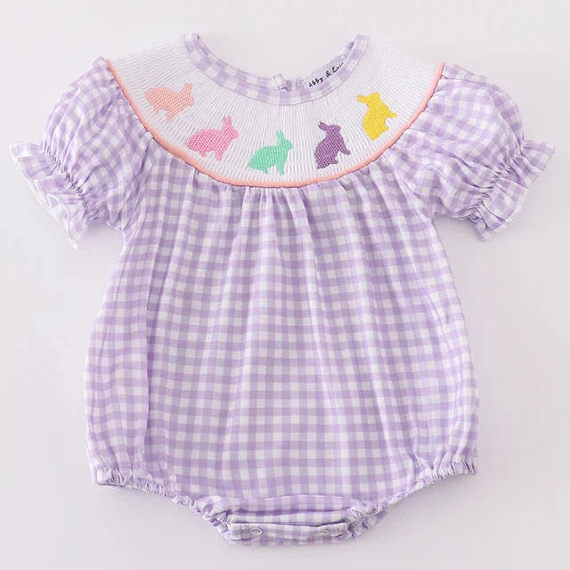 Bunny Smocked Purple Gingham Girl Bubble