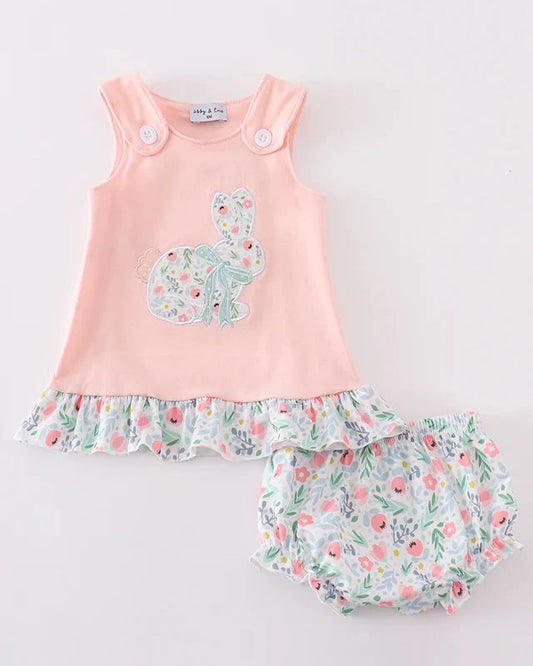 Spring Floral Bunny Applique Girl Bloomers Set