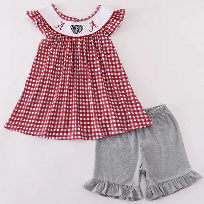 AL Elephant Embroidered Gingham Girl Shorts Set