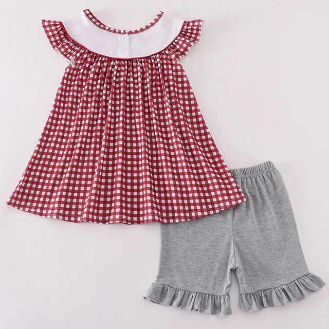 AL Elephant Embroidered Gingham Girl Shorts Set