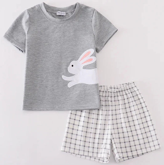 Easter Bunny Applique Grey Boy Shorts Set