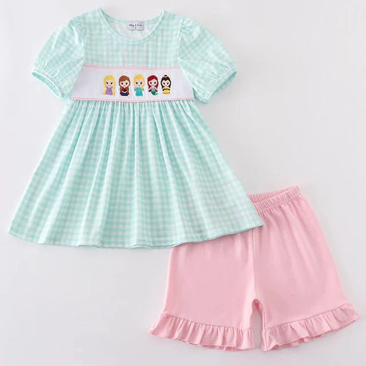 Princess Embroidered Blue Gingham Girl Shorts Set