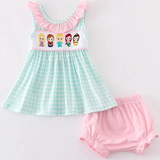 Princess Embroidered Blue Gingham Girl Bloomers Set