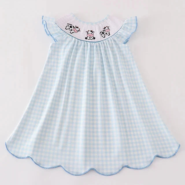 Cow Embroidered Blue Gingham Smocked Dress