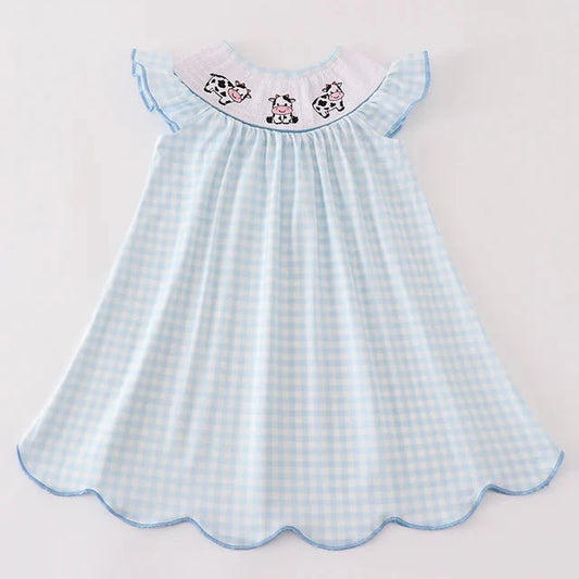 Cow Embroidered Blue Gingham Smocked Dress