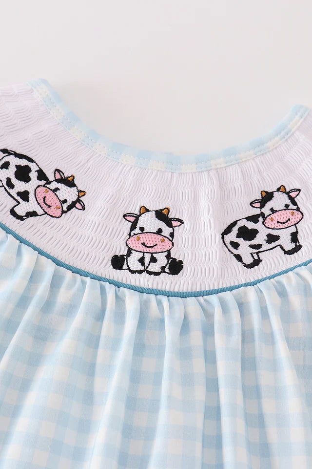 Cow Embroidered Blue Gingham Smocked Dress