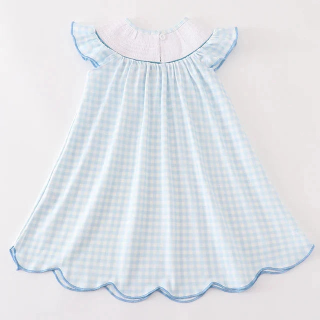 Cow Embroidered Blue Gingham Smocked Dress