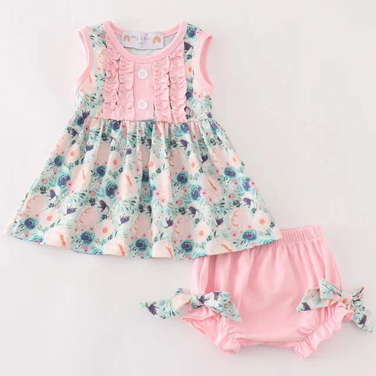 Green Garden Serenity Print Girl Bloomers Set