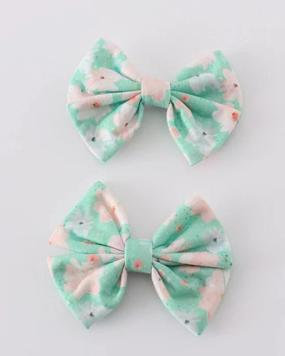 Kenya Green Floral Print 2pc Hair Bows