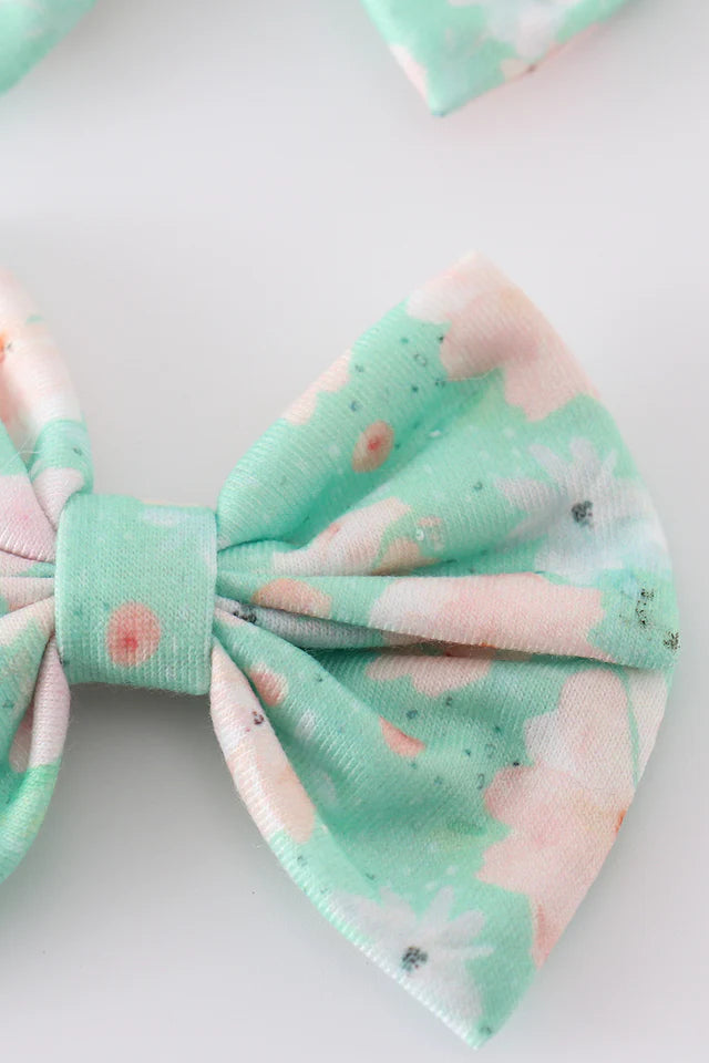 Kenya Green Floral Print 2pc Hair Bows