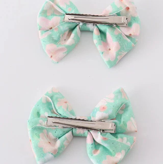 Kenya Green Floral Print 2pc Hair Bows