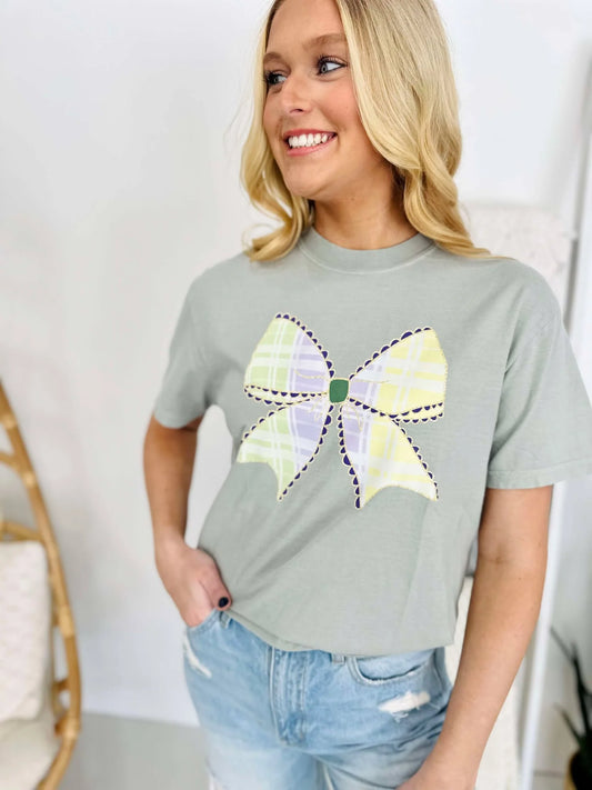 Mardi Gras Plaid Bow Tee