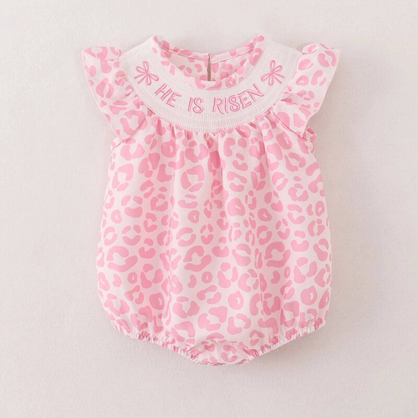 PREORDER 3.2 SISTERS HE IS RISEN EMBROIDERED PINK LEOPARD SMOCKED ROMPER/DRESS