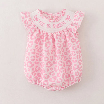 PREORDER 3.2 SISTERS HE IS RISEN EMBROIDERED PINK LEOPARD SMOCKED ROMPER/DRESS