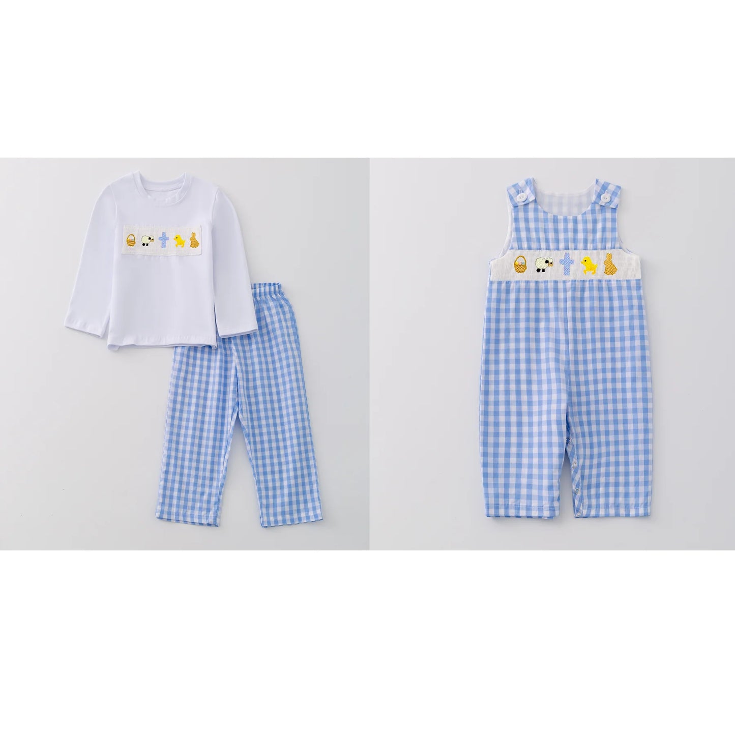 PREORDER 3 BOYS EASTER EMBROIDERED BLUE SMOCKED JONJON/PANTS SET