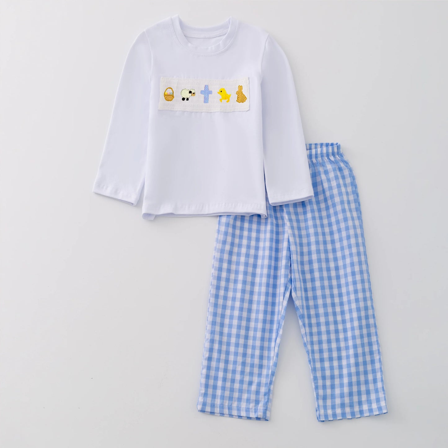 PREORDER 3 BOYS EASTER EMBROIDERED BLUE SMOCKED JONJON/PANTS SET