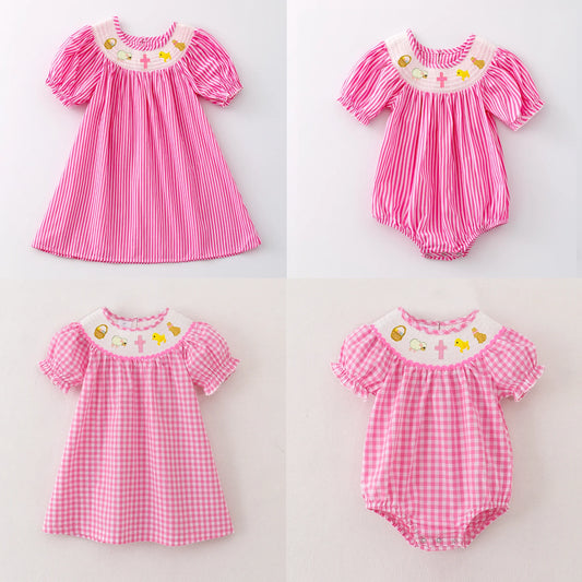 PREORDER 3 SISTERS EASTER EMBROIDERED PINK SMOCKED DRESS/BUBBLE