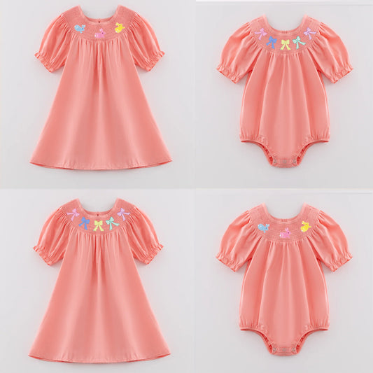 PREORDER 3.1 SISTERS EASTER EMBROIDERED CORAL SMOCKED DRESS/BUBBLE