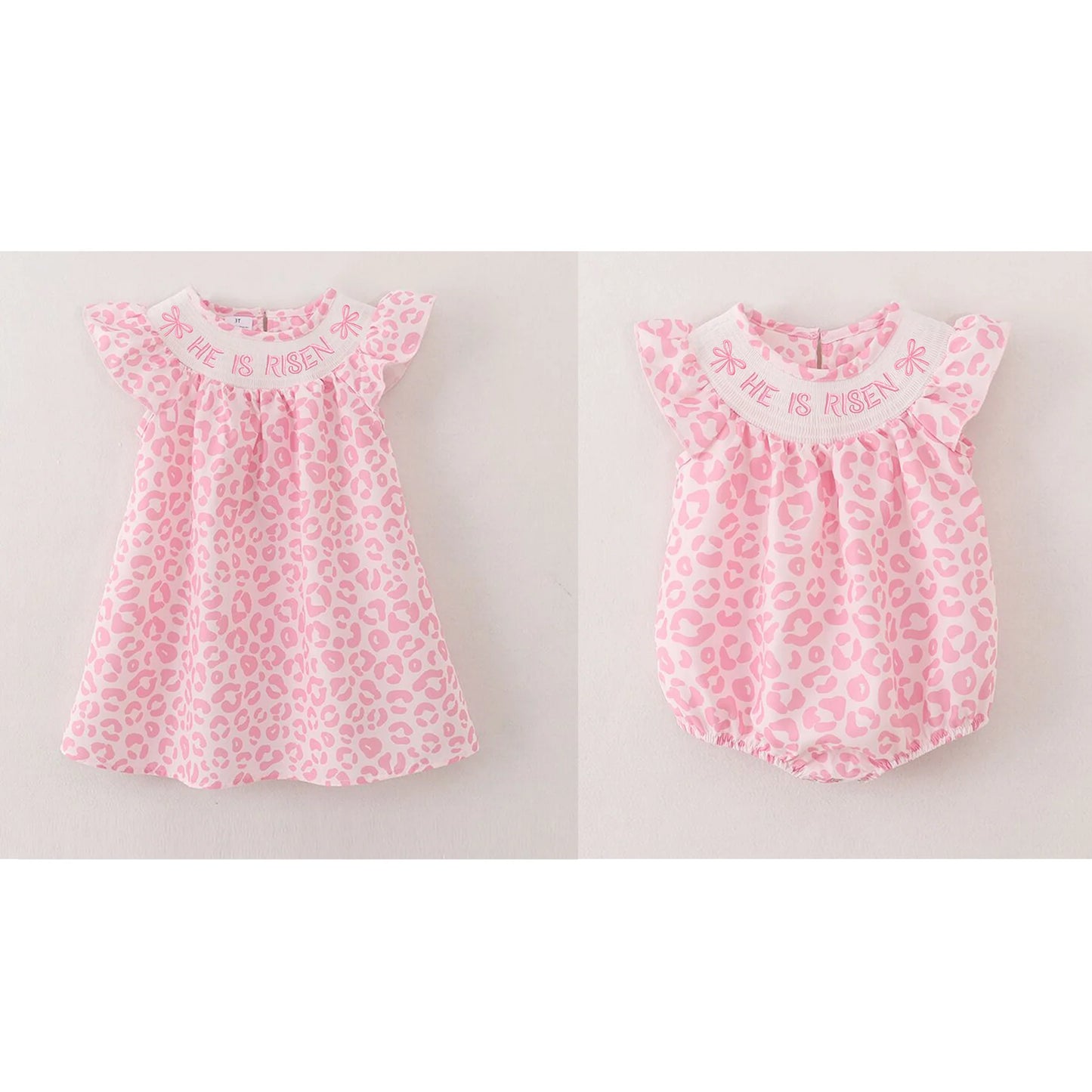 PREORDER 3.2 SISTERS HE IS RISEN EMBROIDERED PINK LEOPARD SMOCKED ROMPER/DRESS